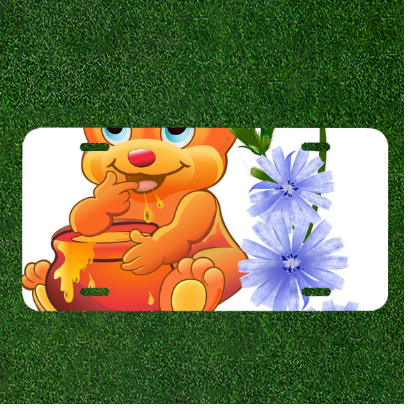 Custom Personalized License Plate Tag With Teddy Bear Eating Hunny By Flowers