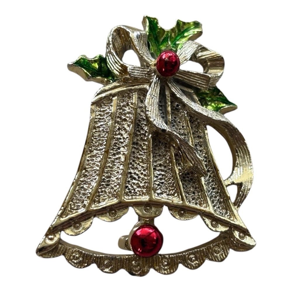 Vintage Signed Gerry’s Gold Tone Enamel Christmas Bell Brooch Pin Red Green