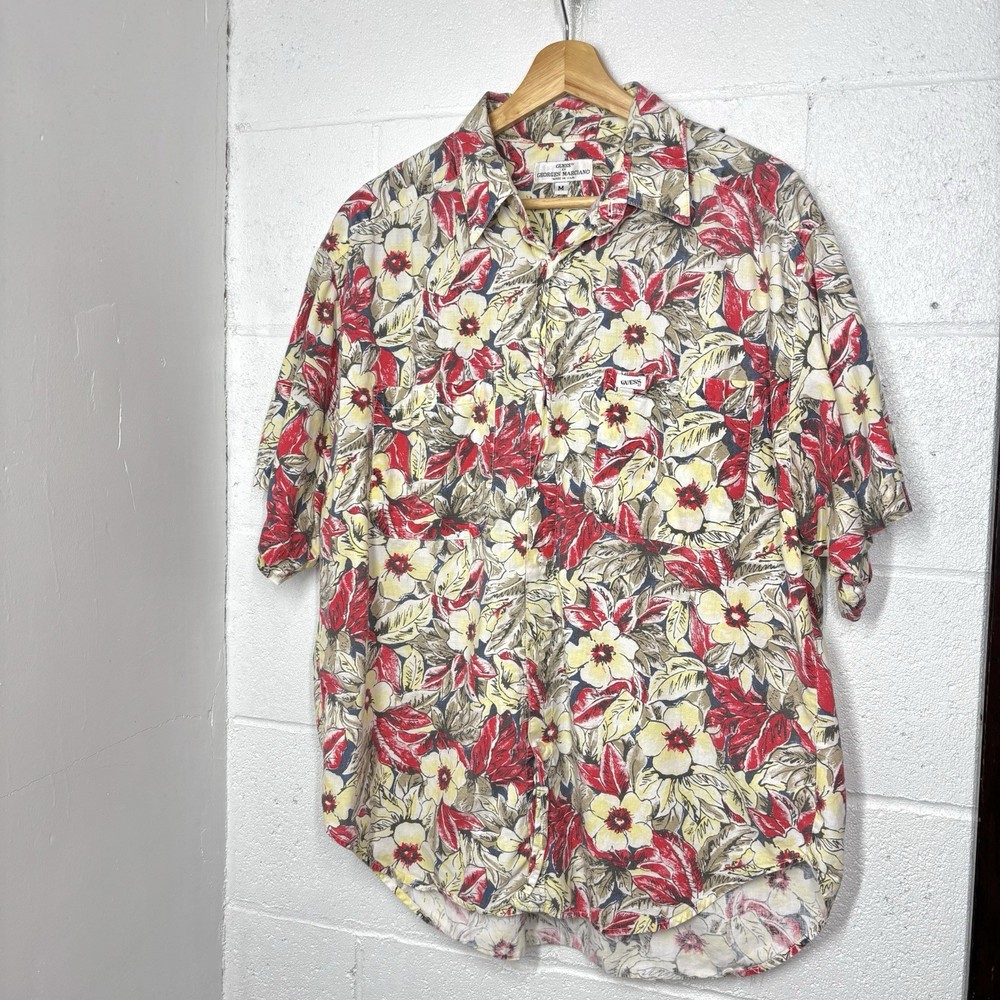 GUESS by Georges Marciano Men's Medium Button-Shirt 80s USA Vintage Floral Beach