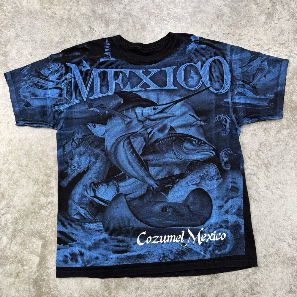 Vintage Cozumel Mexico shirt mens XL Fish sea All over print nature tourist AOP