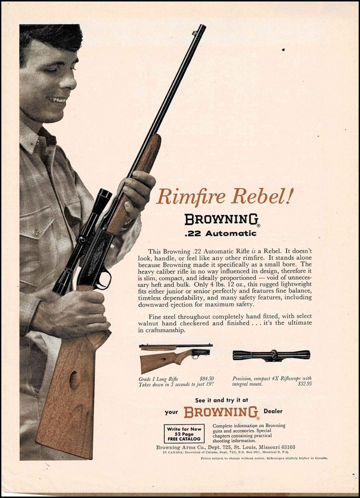 1965 BROWNING .22 Automatic Rifle Original  PRINT AD