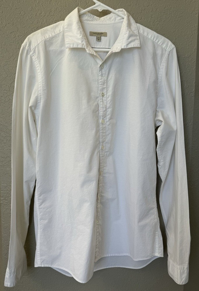 Men's Authentic Burberry London White Button Down Cotton Shirt Striped Placket M