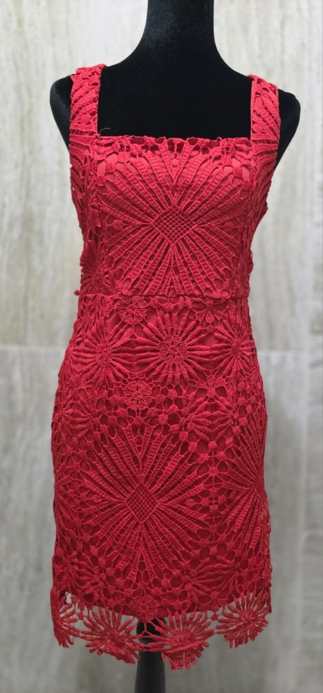 Lulus Red Floral Lace Sheath Knee Dress Square Neck Sleeveless Back Zip S