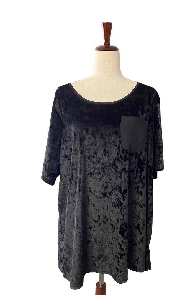Evri Black Crushed Velvet Stretch Short Sleeve Top Plus Size 2X