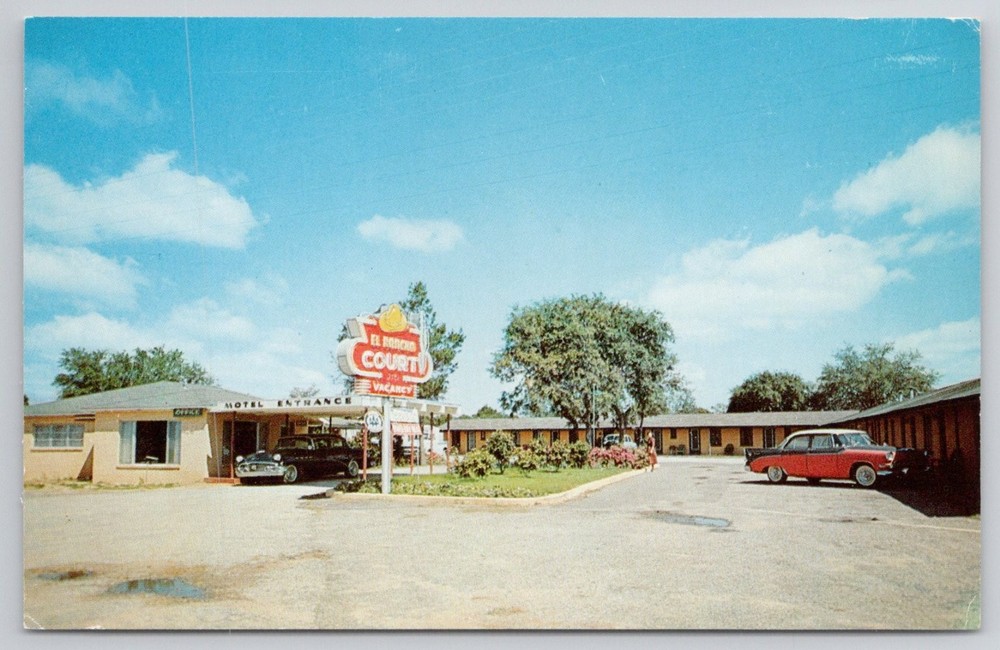 El Rancho Court Motel Pensacola Beach FL Vintage Chrome Postcard 1950s Cars