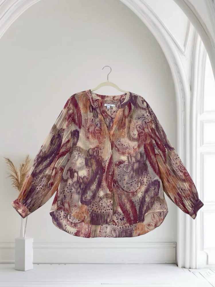 Chico’s Womens Sheer Paisley V Neck Top Size 2 Large 12 Artsy Boho Summer Chic