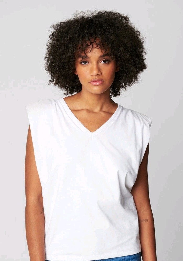 BLANKNYC Womens Sleeveless Shoulder Padded V Neck Tee Shirt White Size Small