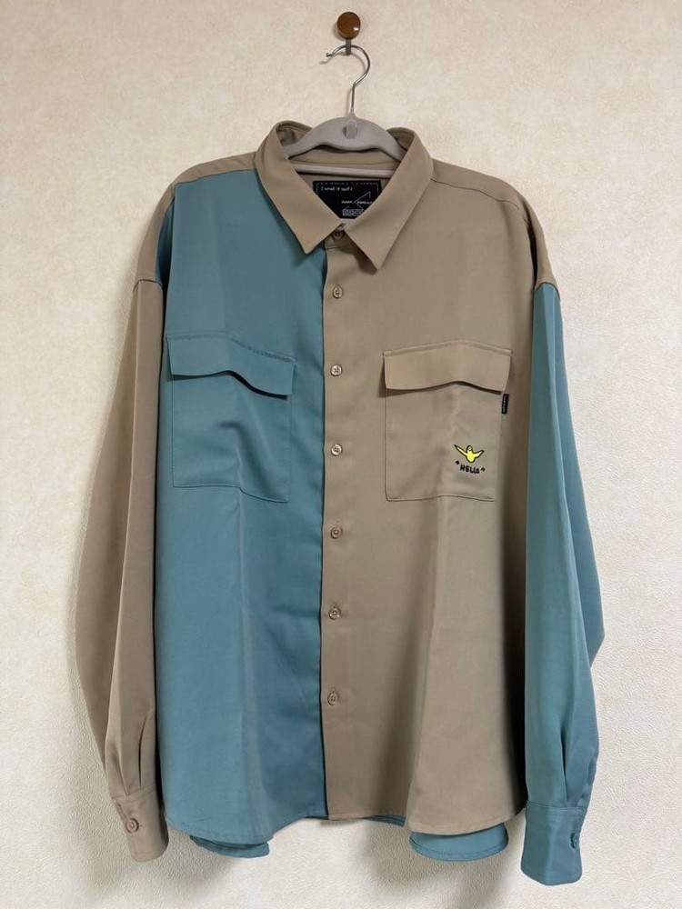MARK GONZALES Long Sleeve Shirt L Beige Blue Bicolor Graphic Print