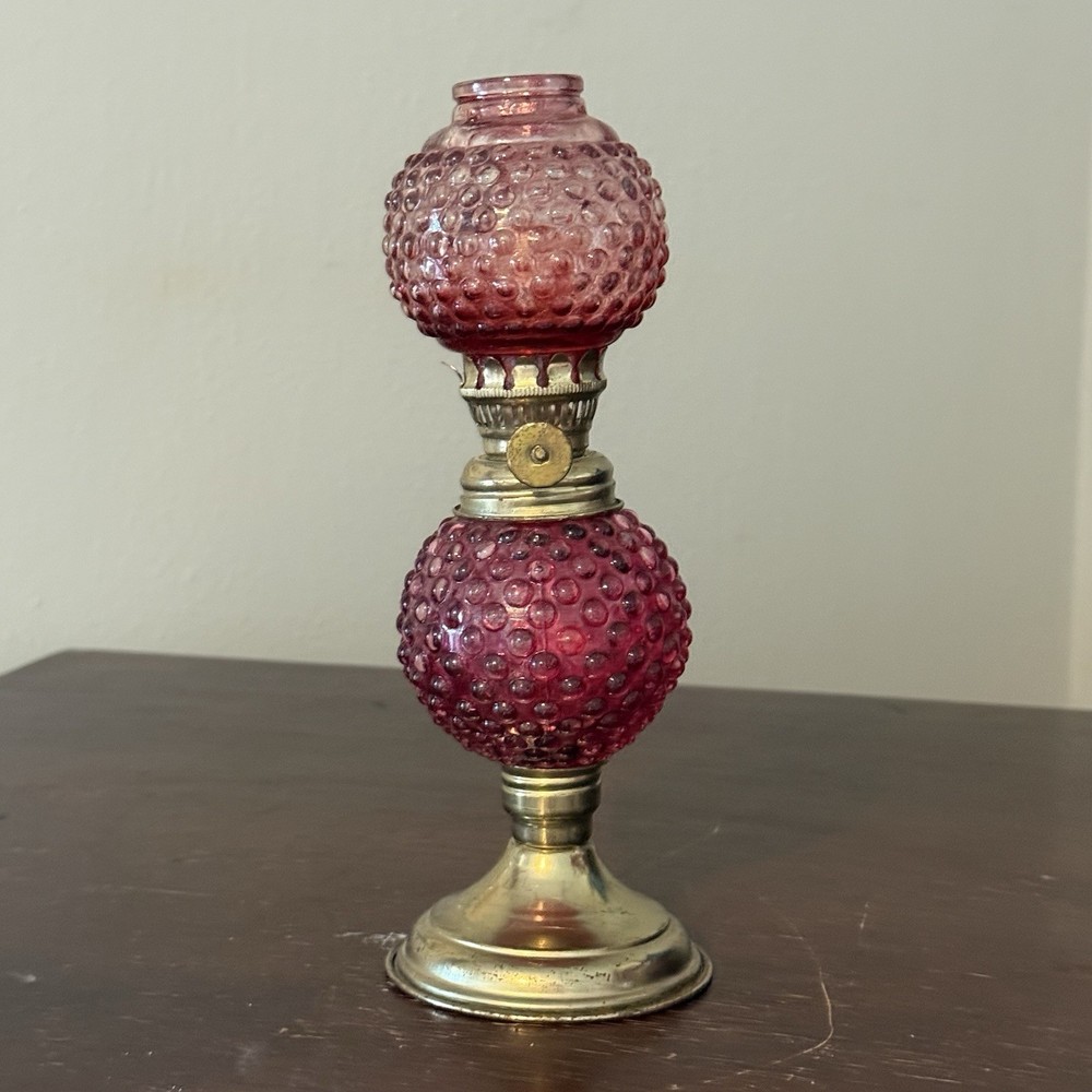 Vintage Miniature Oil Lamp Red Hobnail Bead 8.5” Tall