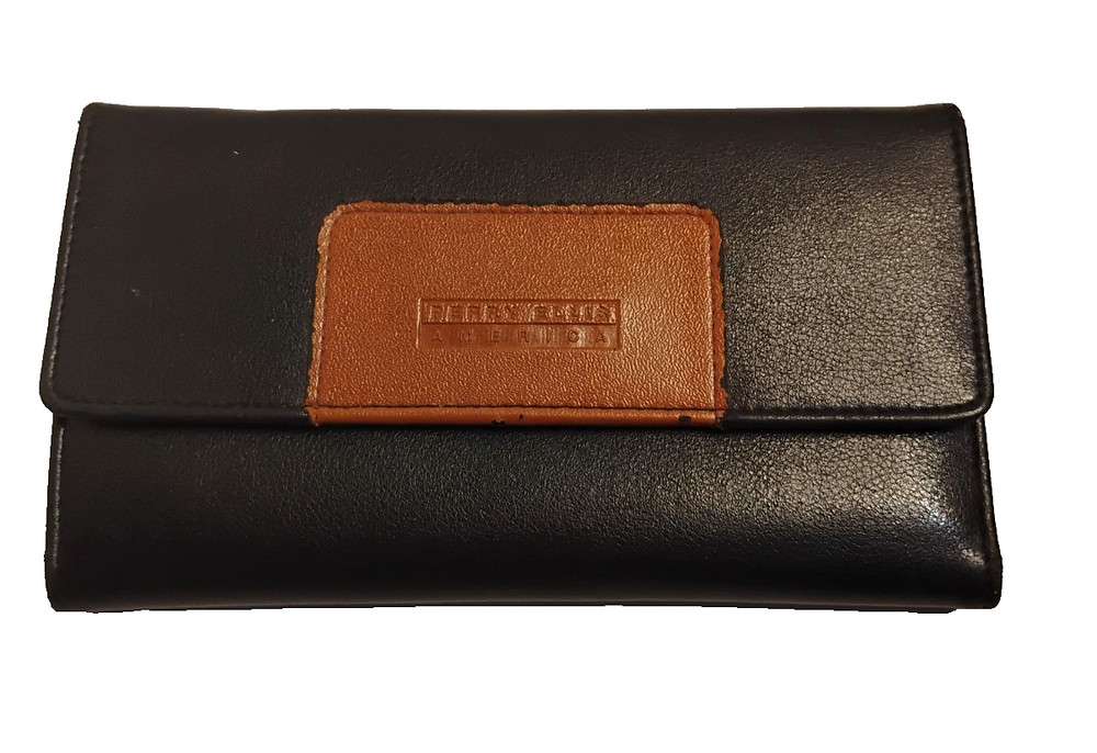 Perry Ellis America Women's Wallet Checkbook Clutch Black & Tan Leather
