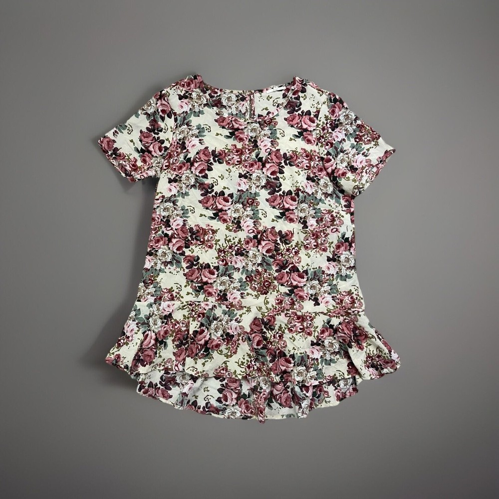 Pleione  Floral Print Cap Sleeve Peplum Hem Women's Medium Top Blouse R1