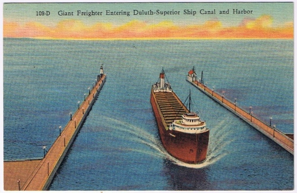 Postcard  Giant Freighter Entering Duluth Superior Ship Canal & Harbor Minnesota