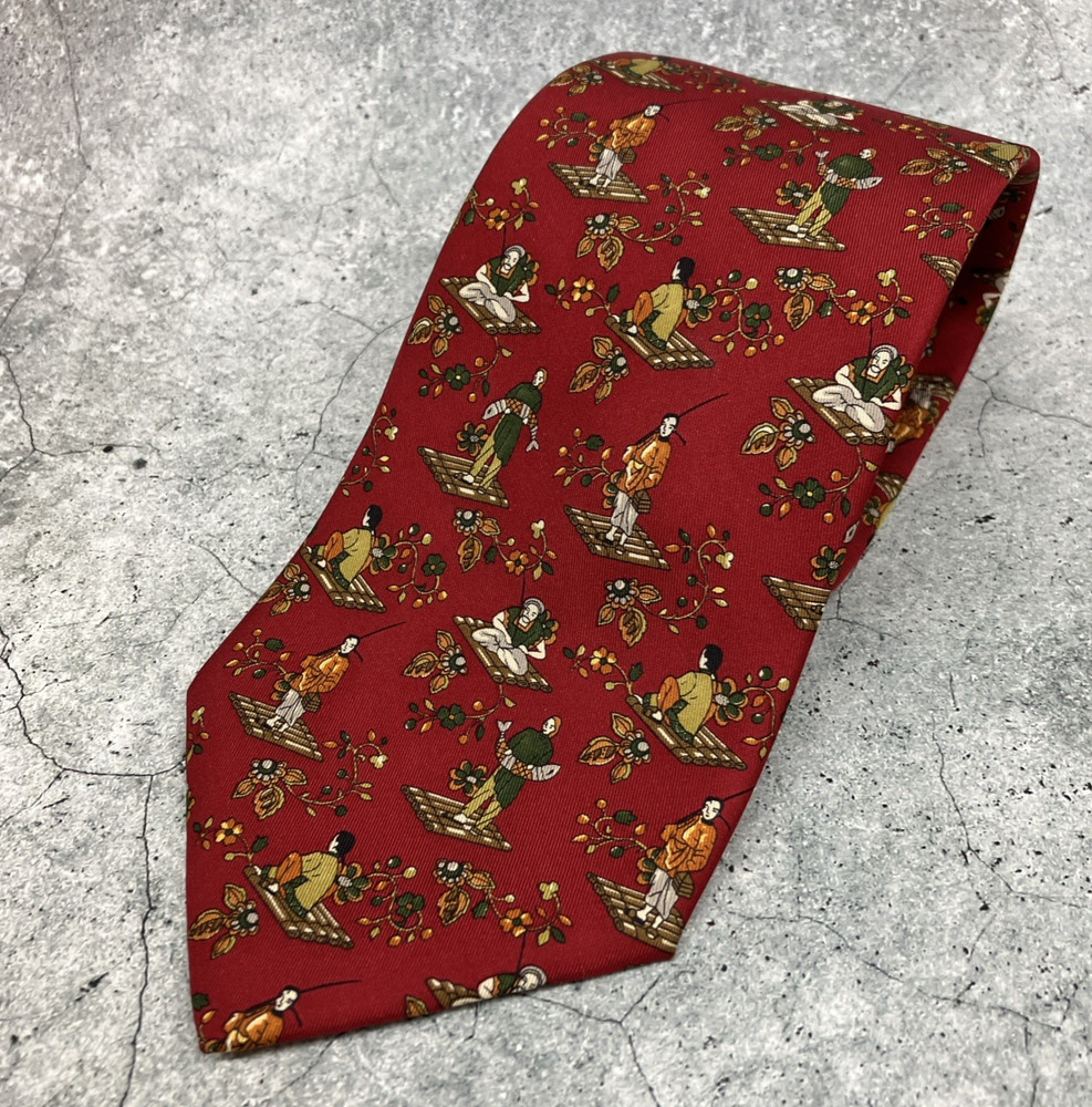 Salvatore Ferragamo 100% Silk Tie Dark Red Asian Theme Made in Italy