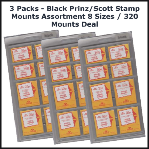 Prinz/Scott Archival Stamp Assortment Pre-cut 8 Sizes/320 Mounts Black 3 Packs