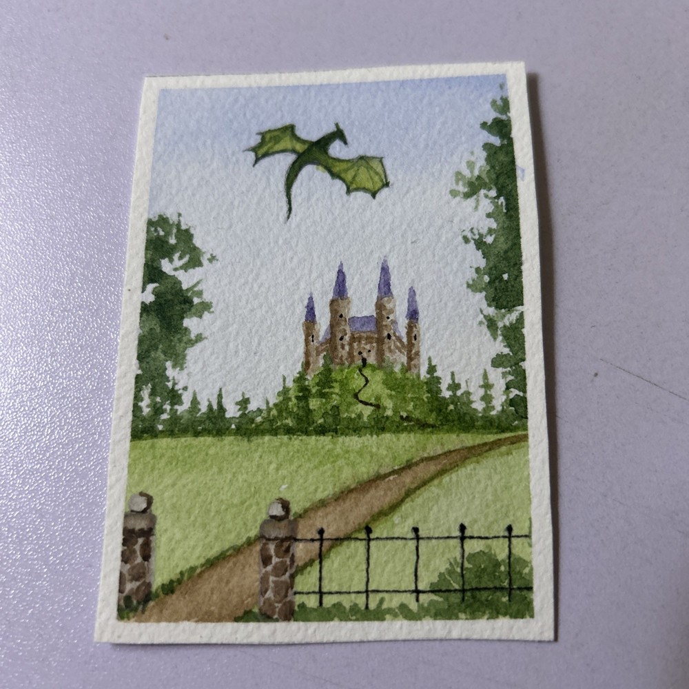 ACEO dragon Castle Mythical Dragon Art Original free shipping Painting Fantasy