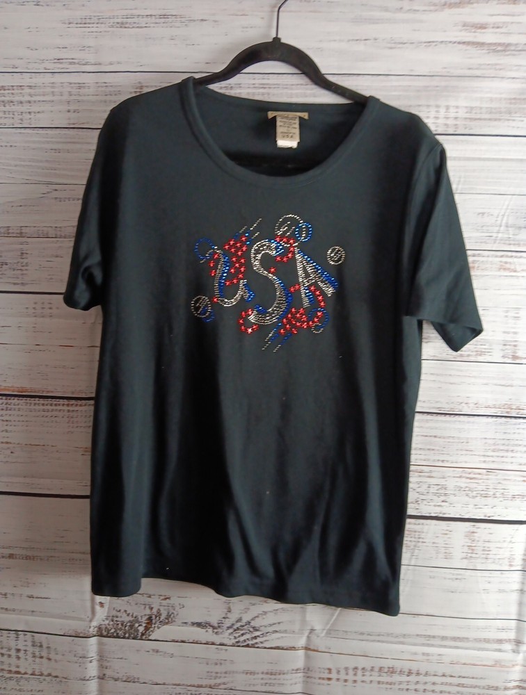 Isaacs Designs Womens Large Black Short Sleeve Casual Top with USA Print