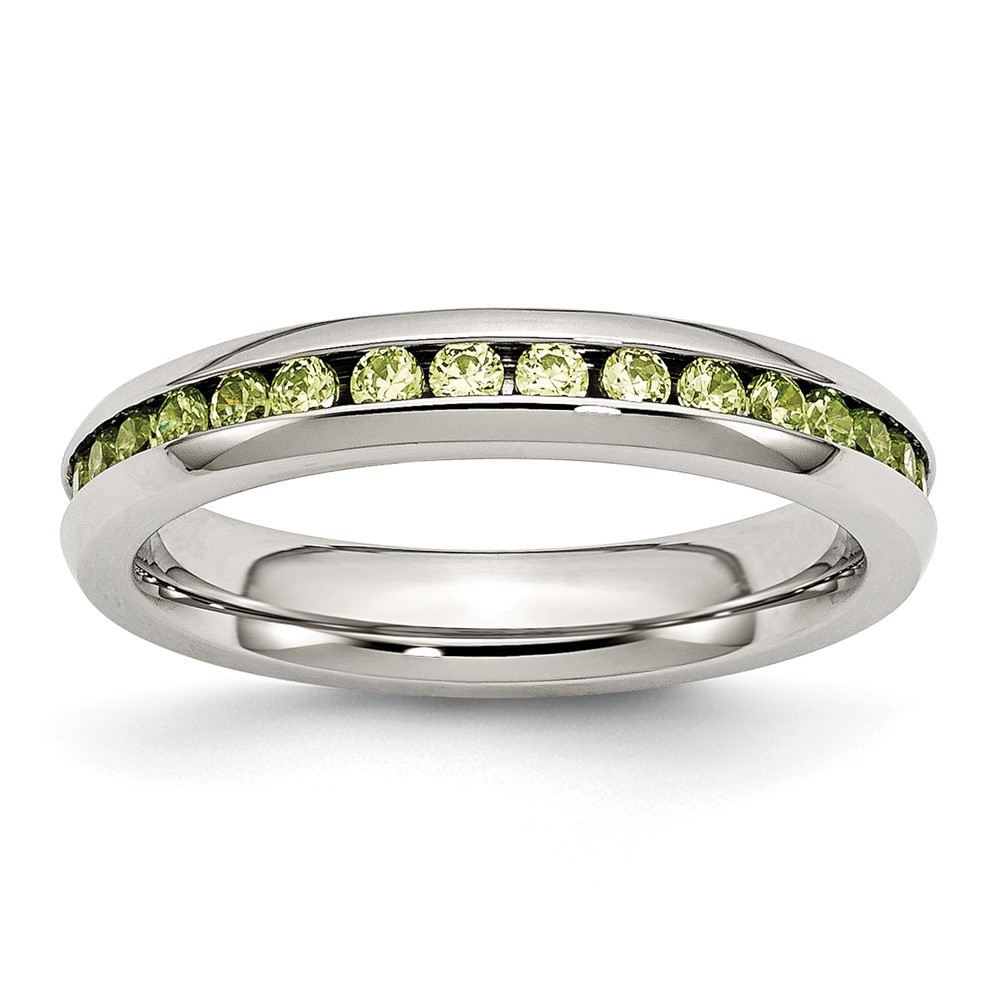 Stainless Steel Polished 4mm August Light Green Cubic Zirconia Ring Size 7