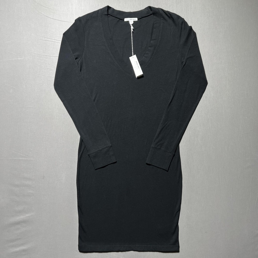 NWT James Perse T-Shirt Dress Womens Size 1 Black Long Sleeve V-Neck Midi Dress