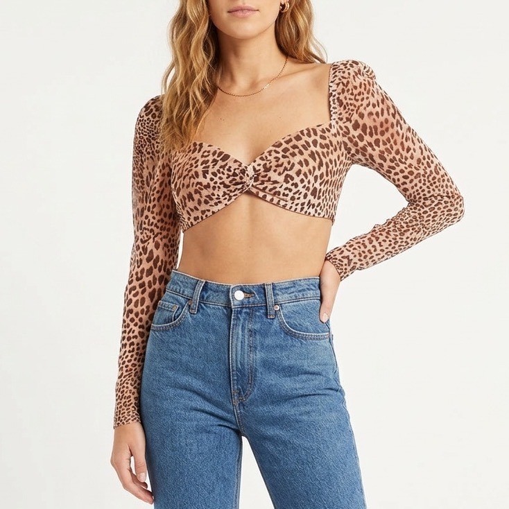 Naked Wardrobe Leopard Print Twist Front Puff Sleeve Crop Top Small