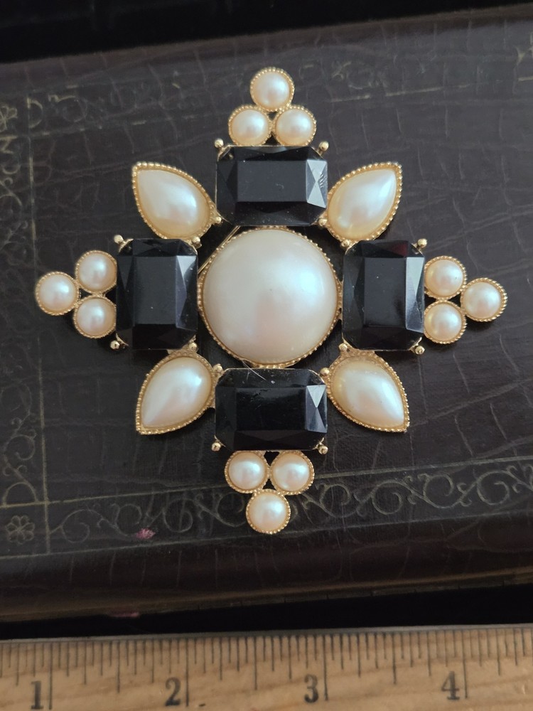Vintage Richelieu Faux Pearl Brooch Maltese Cross Large NOS 2.5