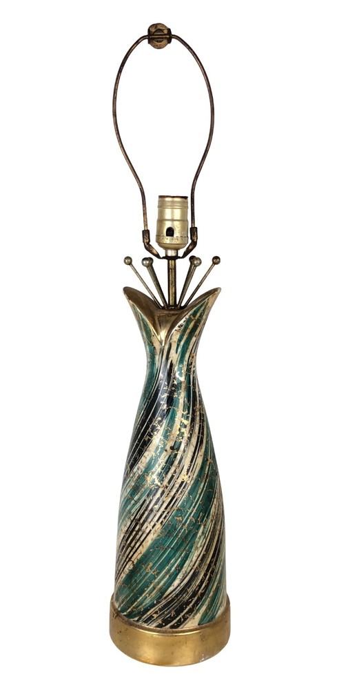 1950's Mid Century Modern Table Lamp Atomic Sputnik Green Black Swirl Starburst!