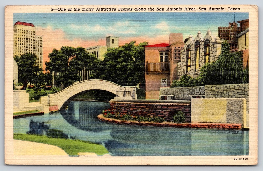 San Antonio Texas~Stone Arch Bridge On San Antonio River~1940 Linen Postcard