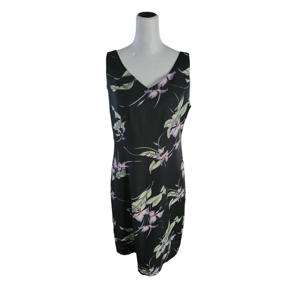Tommy Bahama Silk Dress Women's Size 6 Black Floral Print V Neck Knee Length