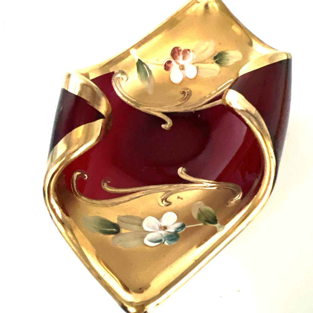 Murano Red Glass w Flowers Trinket Ring Special Gift  Dish Vintage Heavy Gold