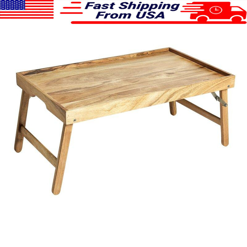 Acacia Wood Bed Tray Stand Natural Finish Wooden Serving Breakfast Snacks Brown-image
