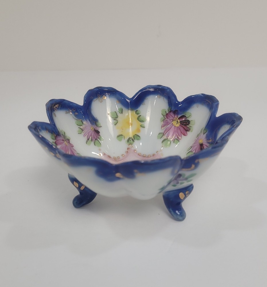 Vintage Porcelain Hand Painted Floral, Blue Scalloped Edges Candy Dish Trinket