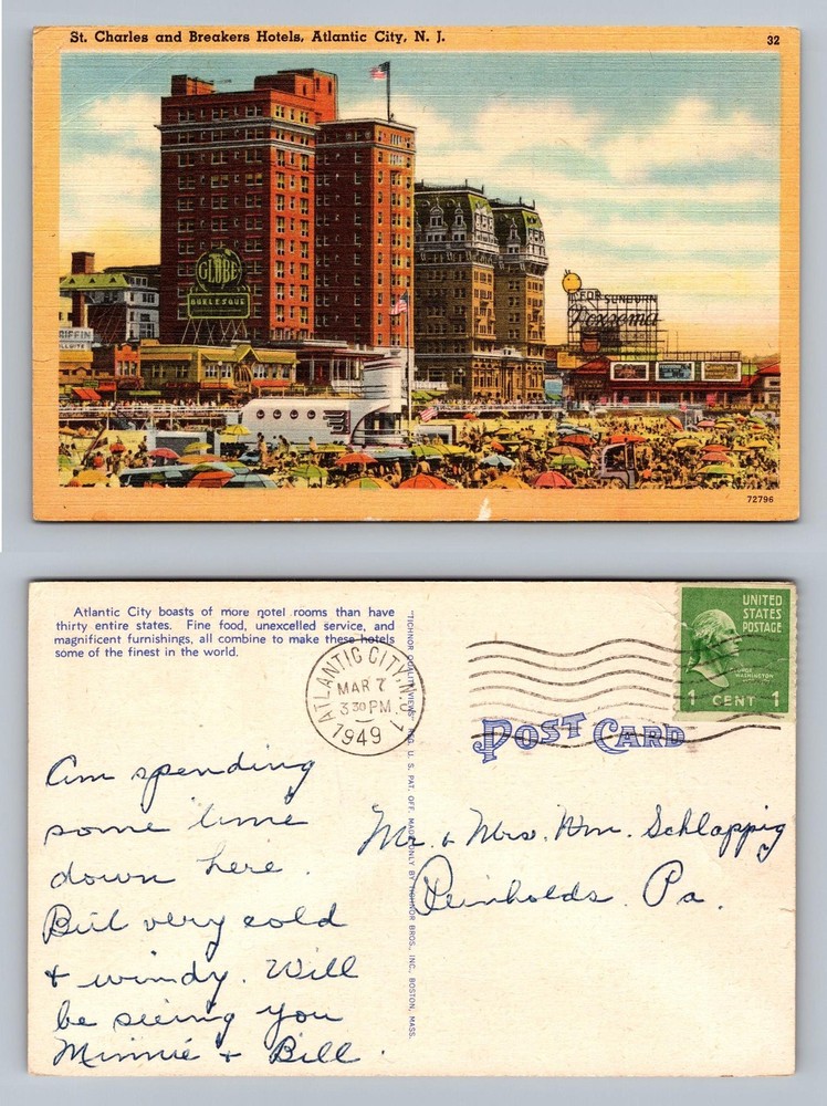 Atlantic City, NJ-New Jersey, St. Charles Breakers Hotels c1949 Vintage Postcard