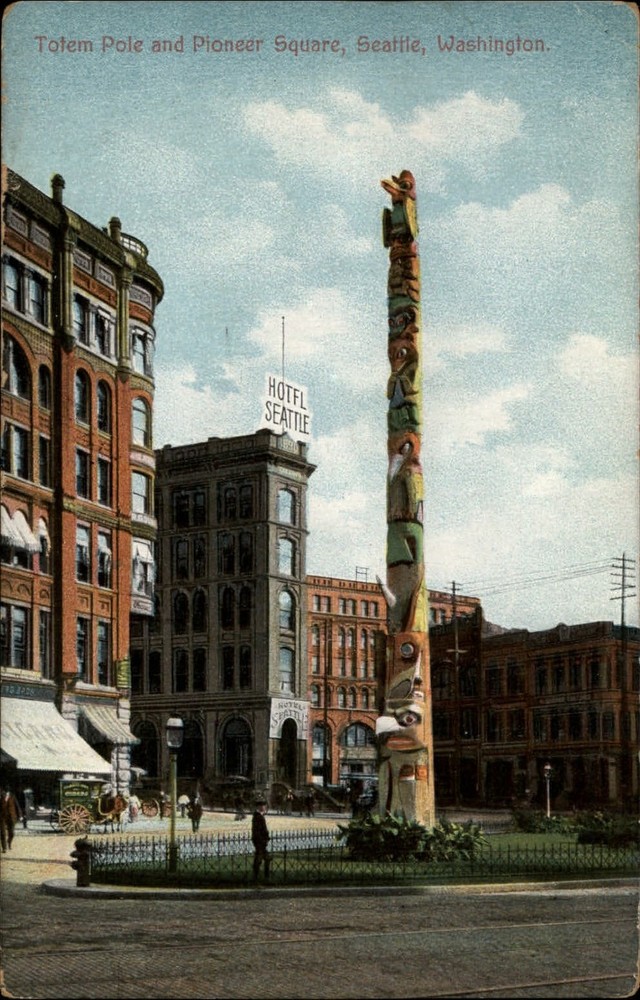 Seattle Washington Pioneer Square Totem Pole cigar wagon AYP Expo 1910 postcard