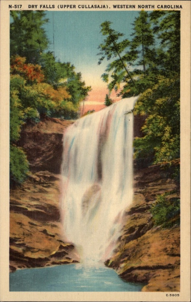 Upper Callasaja Dry Falls North Carolina waterfall scenic vintage linen postcard