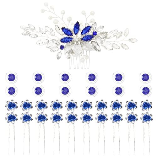 33 Pack Royal Blue Rhinestone Pearl Crystal Leaf Flower Bridal Hair Side