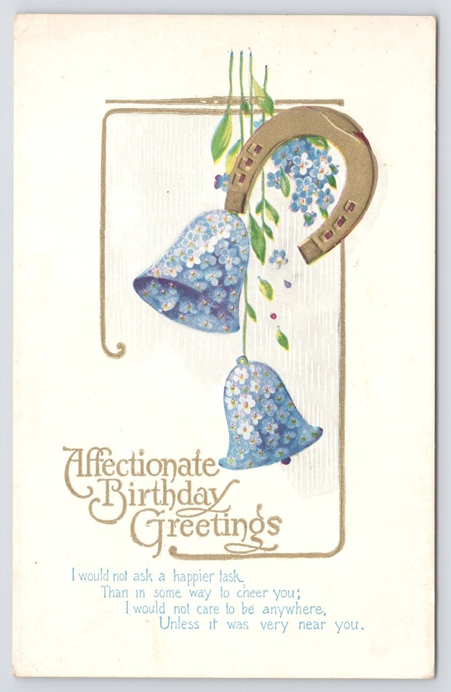 Birthday~Golden Horseshoe & Blue Forget-Me-Not Bells~Poem~Gold~Emboss~Vintage PC