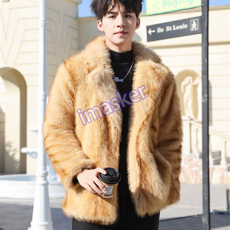 Winter Mens Faux Mink Fur Coat Overcoat Lapel Collar Short Faux Fox Fur Outwears