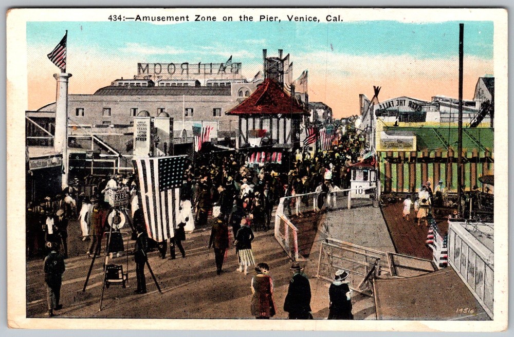 Antique Postcard Pier Amusement Zone Pavilion Venice, CA 1910s