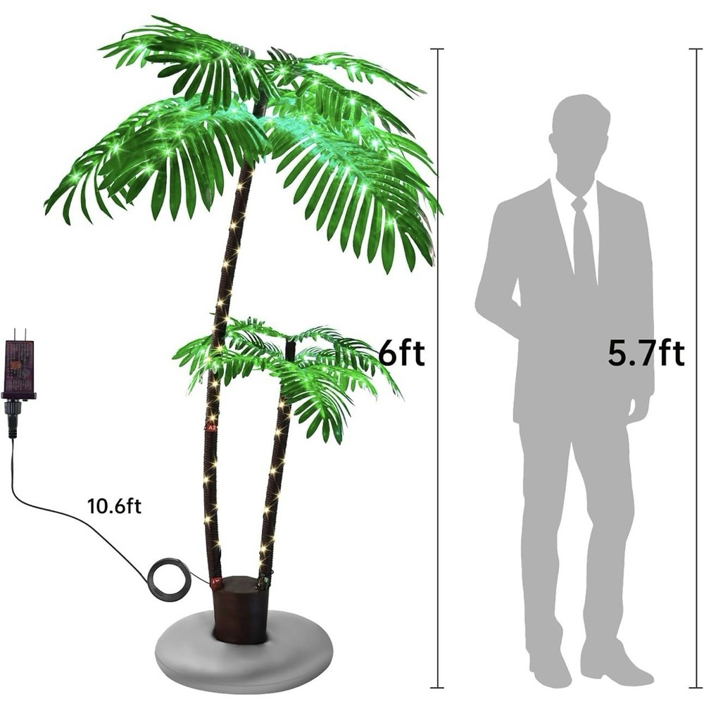 6 FT Palm Tree LED Lighted Artificial Tropical Tiki Decoration with 2 Trunks