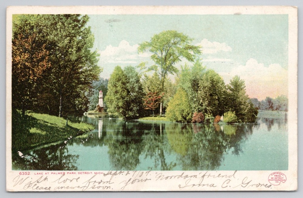 1907 Palmer Park Lake Lighthouse Detroit Michigan Postcard Posted