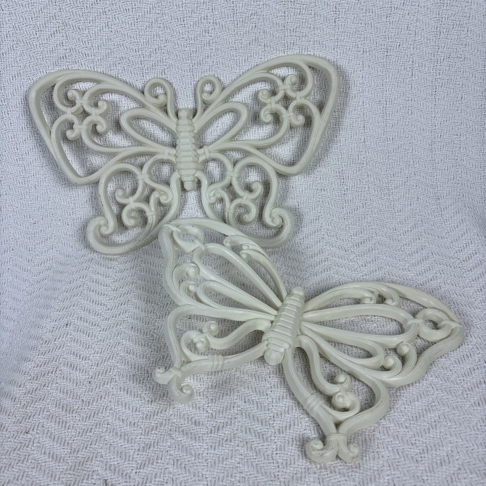 Homco Vintage Retro Syroco Butterfly Wall Hanging Set of 2 Boho White MCM