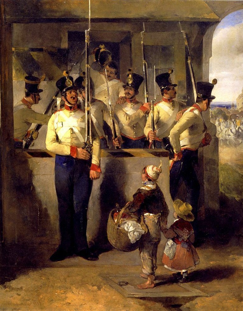 油絵「カール・シンドラー、シールドガードをライフルに呼び込む」