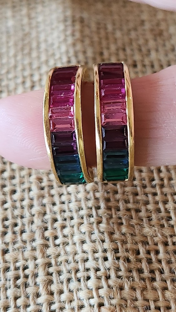 Vintage SAL Signed Swarovski Crystal Goldtone Pierced Earrings Rainbow Crystals
