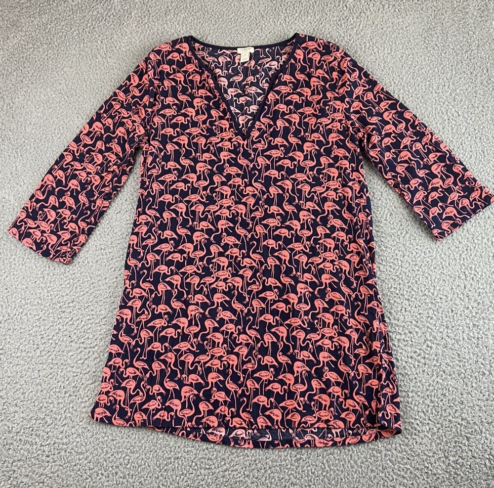J. Crew Women's Size M Cover-Up Tunic Top Pink Flamingos on Navy 3/4 Sleeve EXC!