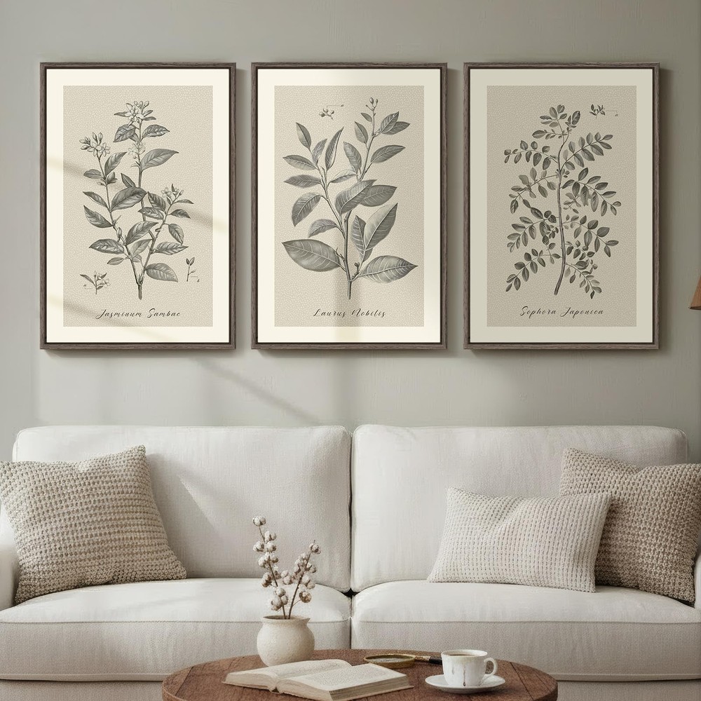 Framed Vintage Botanical Wall Art, 3 Piece Neutral Floral Plants Canvas Paint...