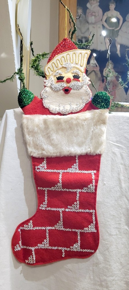 Santa Claus themed Christmas Stocking. Dequins, like a Chimney.  20