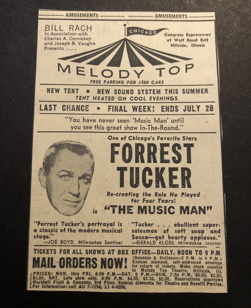 1950’s Chicago Melody Top Festival Forrest Tucker Newspaper Ad 2D21