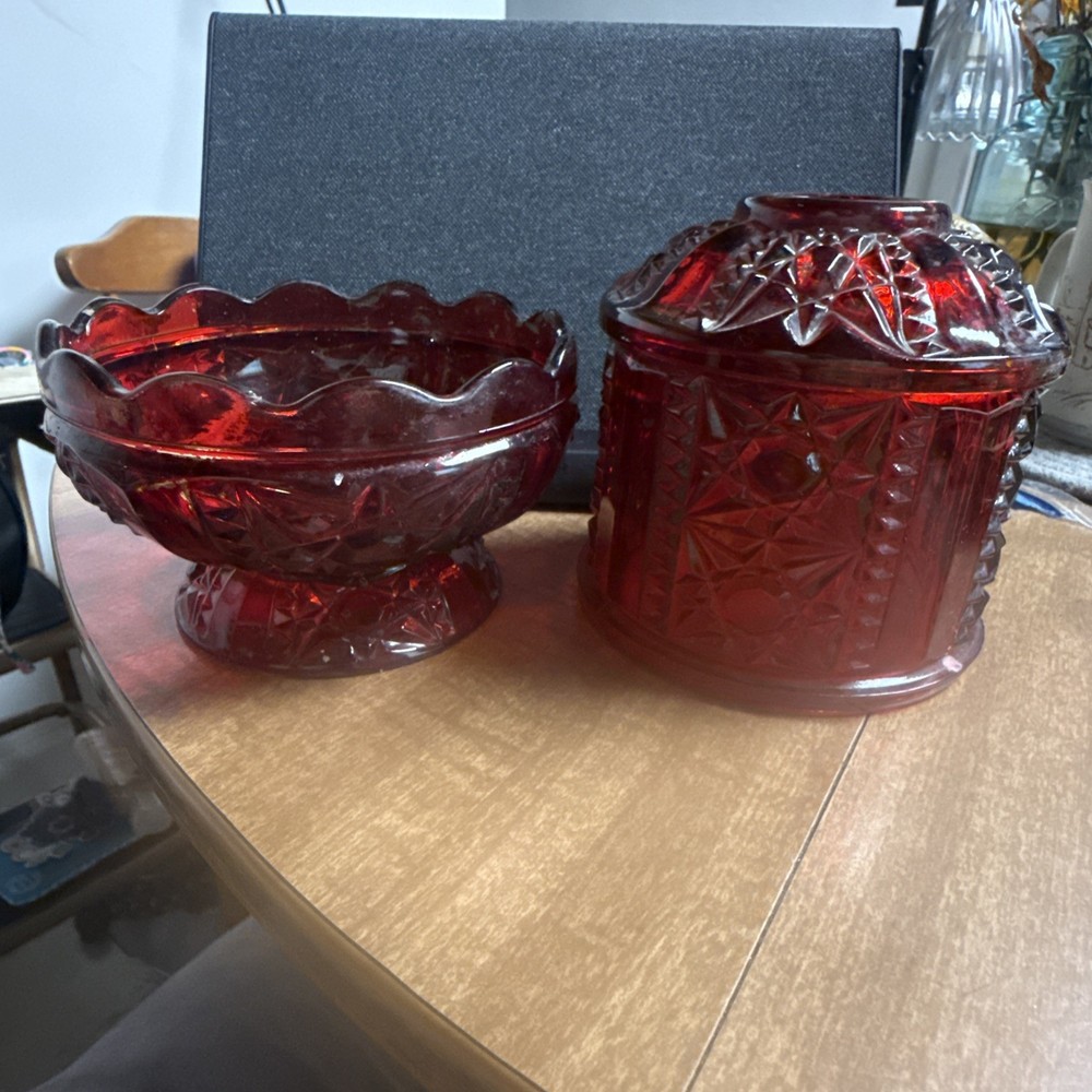 Vintage Indiana Glass Fairy Lamp In The Stars And Bars Pattern, Ruby Red Color