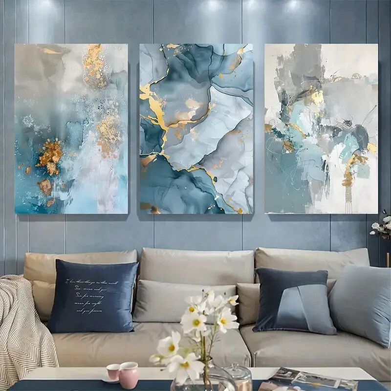 3pcs Abstract Canvas Art with Golden Wall Art Set Canvas Unframed-image