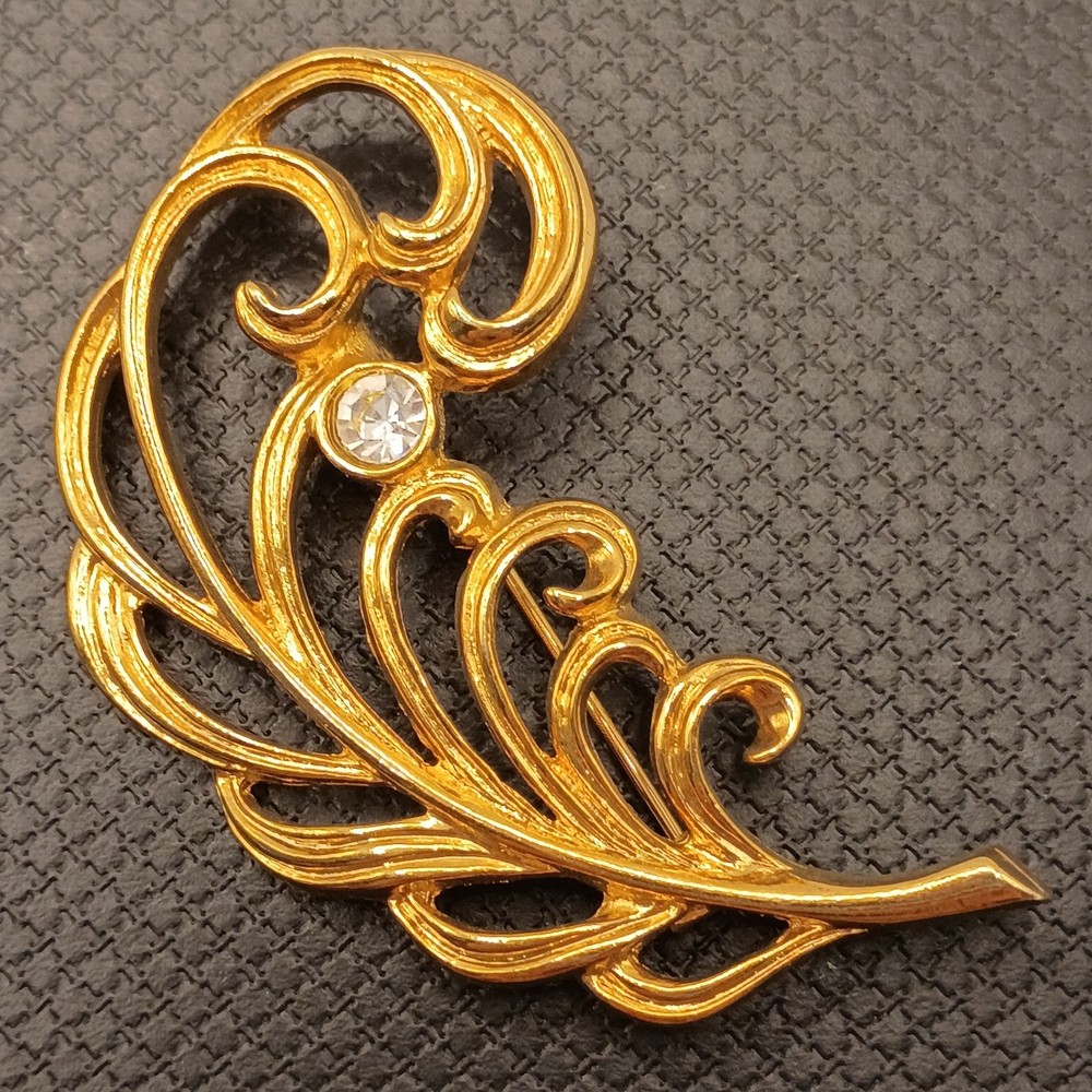 Vintage Plume Feather Brooch Rhinestone Accent Gold Tone MCM Classic Elegant