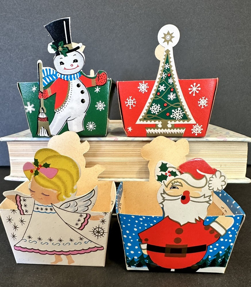 christmas Candy nut cup container Vintage paper set of 4 Snowman Santa Angel Tre